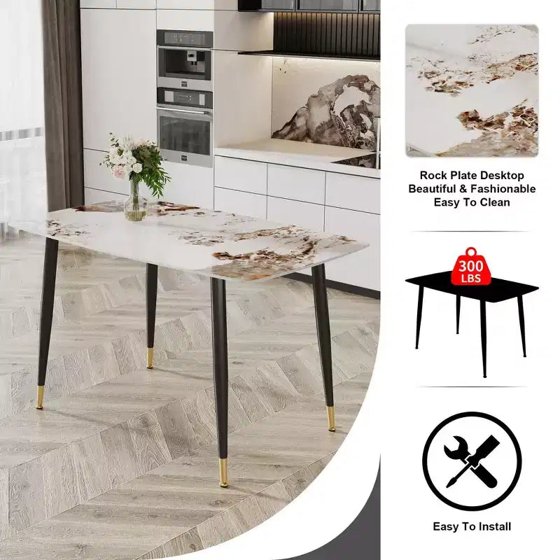 Okak 50IN Tavolo da pranzo rettangolare moderno, tavolo da cucina con piano in pietra sinterizzata, tavolo da pranzo per soggiorno, cucina, bianco