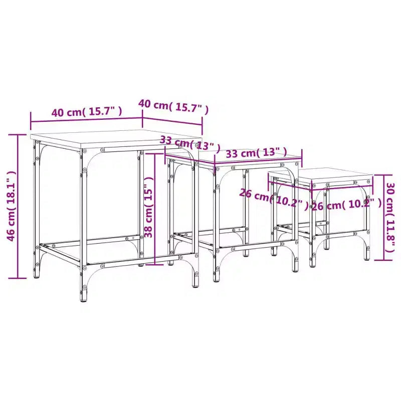 vidaXL Set di 3 Tavolini da Caffè Nidificanti Quercia Affumicata - Design Industriale, Legno Ingegnerizzato, Varie Misure, Struttura in Metallo, Carico Massimo 45 kg