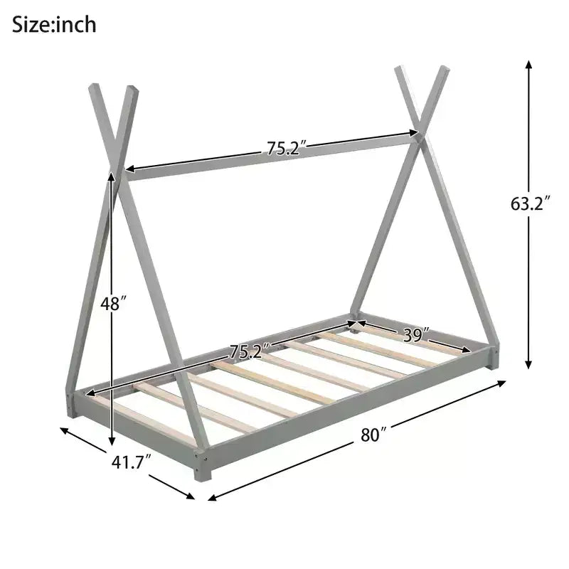 Struttura per letto matrimoniale in legno per ragazzi e ragazze, Letto a piattaforma Montessori in formato singolo, design a tenda, altezza a filo pavimento