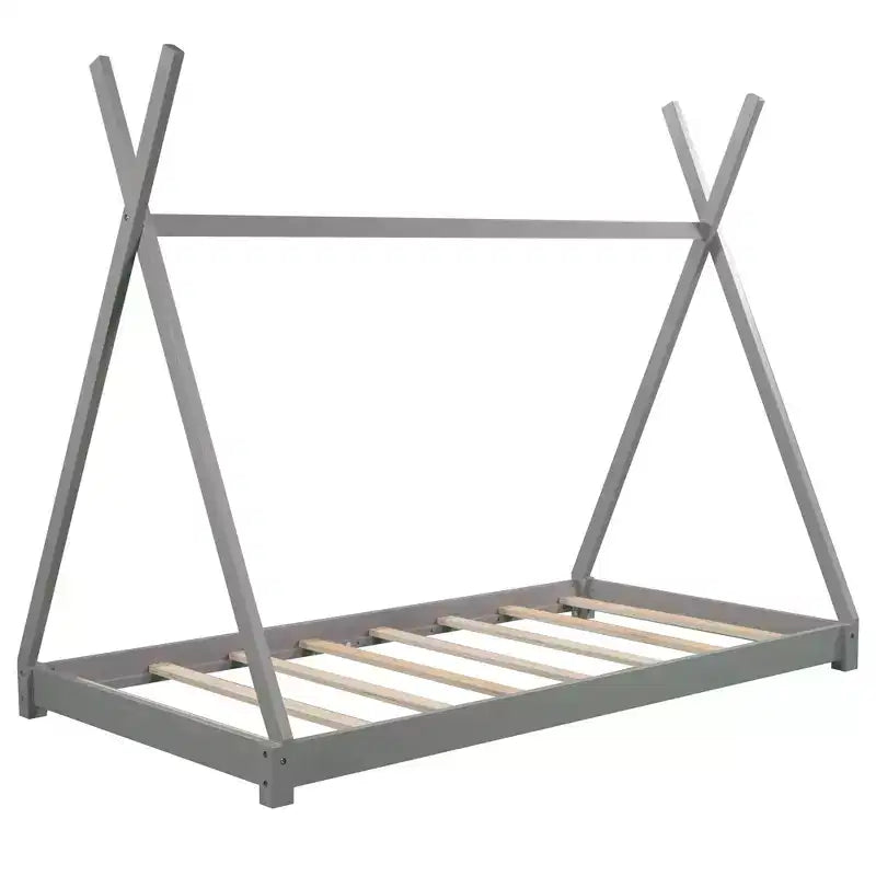 Struttura per letto matrimoniale in legno per ragazzi e ragazze, Letto a piattaforma Montessori in formato singolo, design a tenda, altezza a filo pavimento
