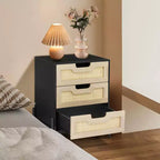 Comodino a 3 cassetti in rattan, comodino moderno con struttura in legno, elegante tavolino nero per camera da letto, soggiorno o studio, 48 x 40 x 64 cm