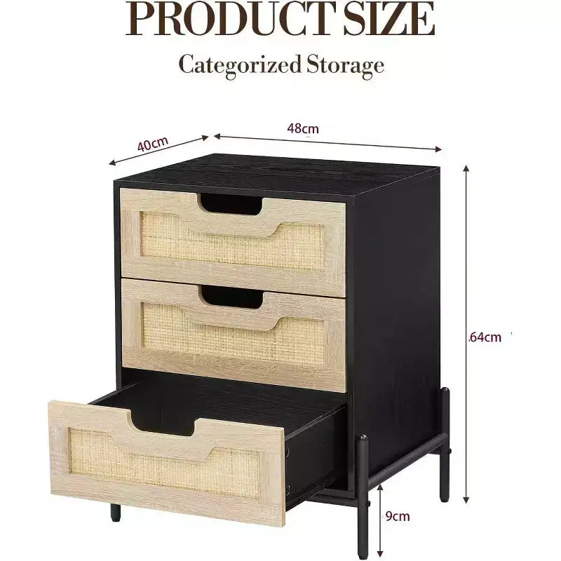 Comodino a 3 cassetti in rattan, comodino moderno con struttura in legno, elegante tavolino nero per camera da letto, soggiorno o studio, 48 x 40 x 64 cm