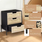 Comodino a 3 cassetti in rattan, comodino moderno con struttura in legno, elegante tavolino nero per camera da letto, soggiorno o studio, 48 x 40 x 64 cm