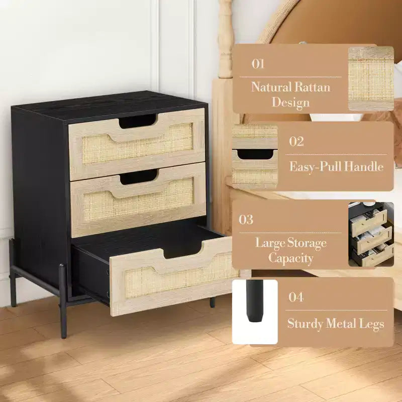 Comodino a 3 cassetti in rattan, comodino moderno con struttura in legno, elegante tavolino nero per camera da letto, soggiorno o studio, 48 x 40 x 64 cm