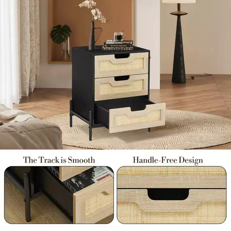 Comodino a 3 cassetti in rattan, comodino moderno con struttura in legno, elegante tavolino nero per camera da letto, soggiorno o studio, 48 x 40 x 64 cm