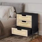 Comodino a 3 cassetti in rattan, comodino moderno con struttura in legno, elegante tavolino nero per camera da letto, soggiorno o studio, 48 x 40 x 64 cm