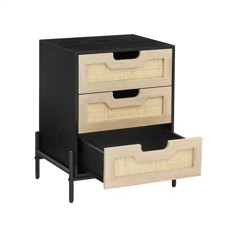 Comodino a 3 cassetti in rattan, comodino moderno con struttura in legno, elegante tavolino nero per camera da letto, soggiorno o studio, 48 x 40 x 64 cm
