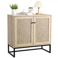 Rattan Storage Cabinet, Kitchen Sideboard, Entrance Cabinet, TV Cabinet, With Adjustable Shelves, Metal Handles for Living Room, Oak Color + Black