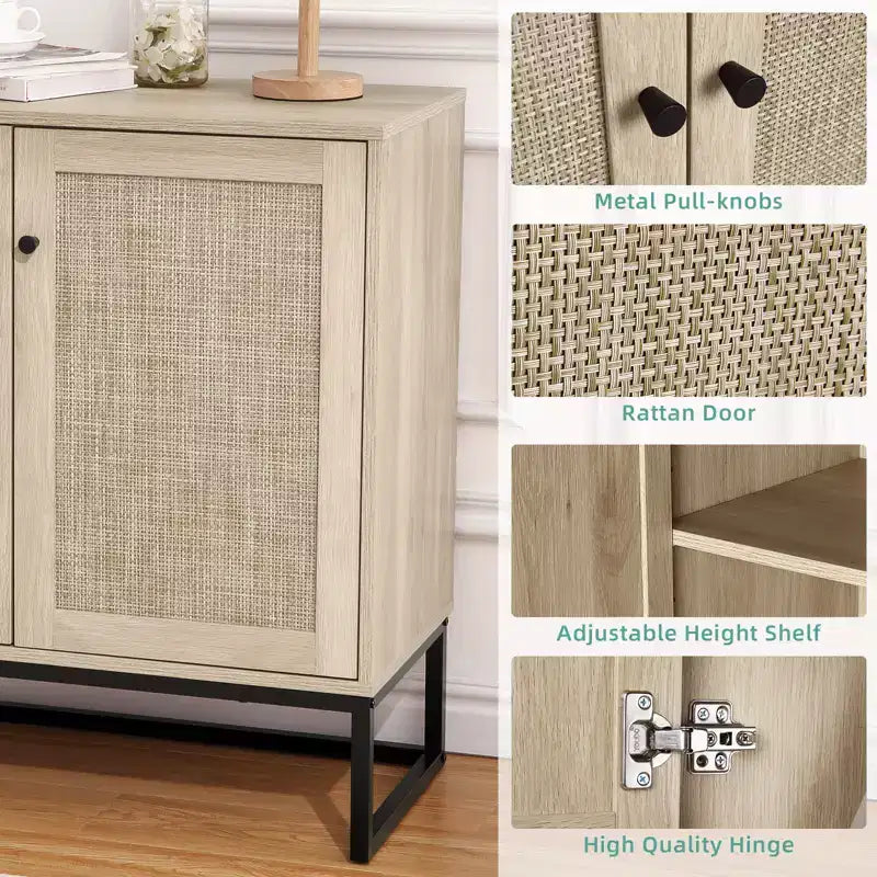 Mobile Contenitore in Rattan, Credenza da Cucina, Mobile da Ingresso, Mobile TV, Con Ripiani Regolabili, Maniglie in Metallo per Soggiorno, Colore Rovere + Nero