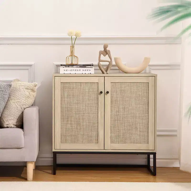 Mobile Contenitore in Rattan, Credenza da Cucina, Mobile da Ingresso, Mobile TV, Con Ripiani Regolabili, Maniglie in Metallo per Soggiorno, Colore Rovere + Nero