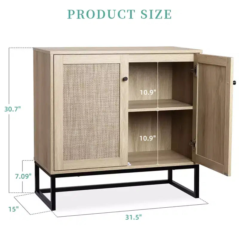 Mobile Contenitore in Rattan, Credenza da Cucina, Mobile da Ingresso, Mobile TV, Con Ripiani Regolabili, Maniglie in Metallo per Soggiorno, Colore Rovere + Nero