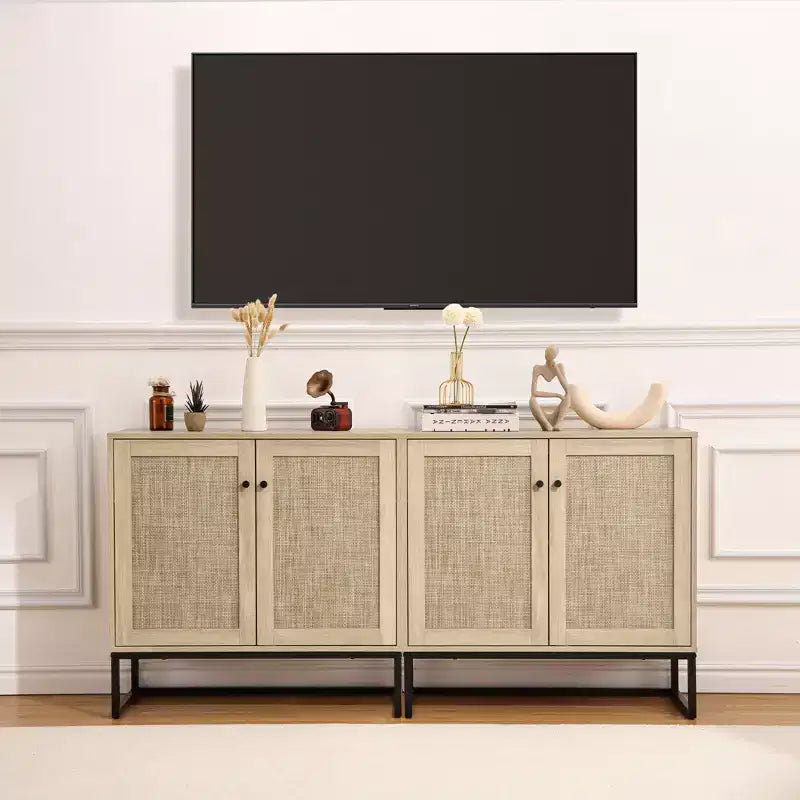 Mobile Contenitore in Rattan, Credenza da Cucina, Mobile da Ingresso, Mobile TV, Con Ripiani Regolabili, Maniglie in Metallo per Soggiorno, Colore Rovere + Nero