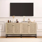 Mobile Contenitore in Rattan, Credenza da Cucina, Mobile da Ingresso, Mobile TV, Con Ripiani Regolabili, Maniglie in Metallo per Soggiorno, Colore Rovere + Nero