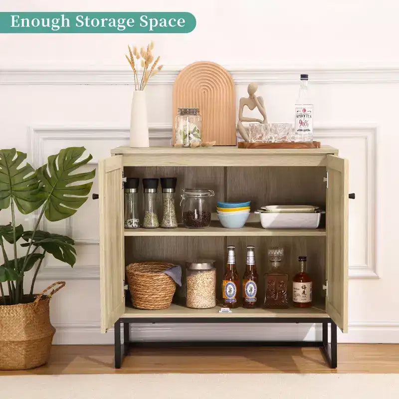 Mobile Contenitore in Rattan, Credenza da Cucina, Mobile da Ingresso, Mobile TV, Con Ripiani Regolabili, Maniglie in Metallo per Soggiorno, Colore Rovere + Nero