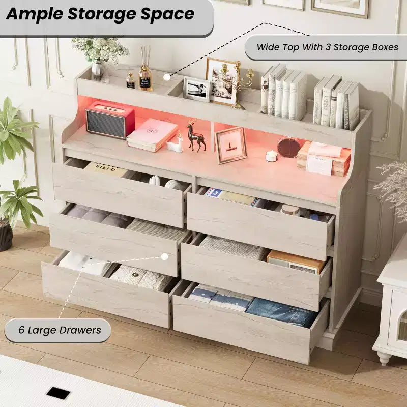 Cassettiera in Rovere per Camera da Letto con 6 Cassetti, Comò Moderno con Luci a LED e Stazione di Ricarica, Mobile Contenitore Spazioso per Soggiorno o Corridoio