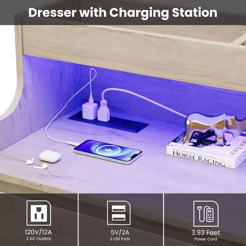 Cassettiera in Rovere per Camera da Letto con 6 Cassetti, Comò Moderno con Luci a LED e Stazione di Ricarica, Mobile Contenitore Spazioso per Soggiorno o Corridoio
