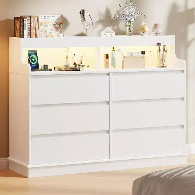 Cassettiera in Rovere per Camera da Letto con 6 Cassetti, Comò Moderno con Luci a LED e Stazione di Ricarica, Mobile Contenitore Spazioso per Soggiorno o Corridoio