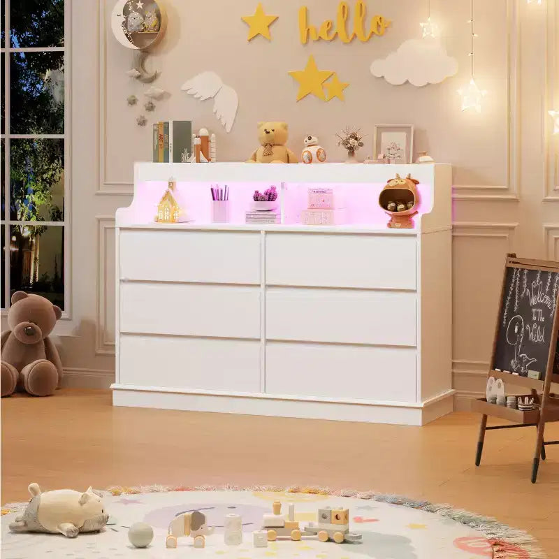 Cassettiera in Rovere per Camera da Letto con 6 Cassetti, Comò Moderno con Luci a LED e Stazione di Ricarica, Mobile Contenitore Spazioso per Soggiorno o Corridoio
