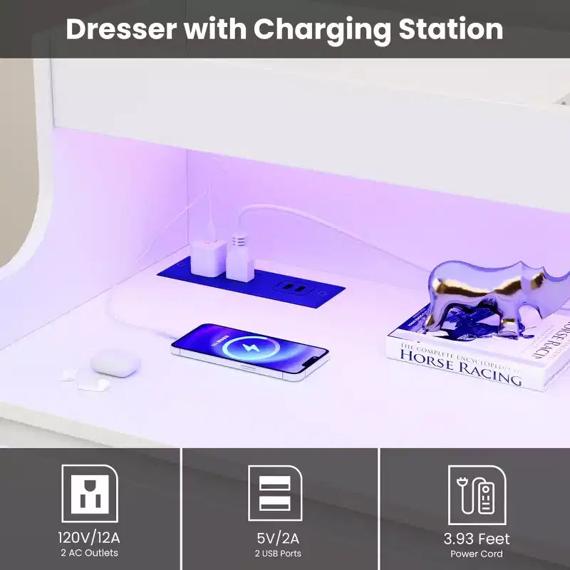 Cassettiera in Rovere per Camera da Letto con 6 Cassetti, Comò Moderno con Luci a LED e Stazione di Ricarica, Mobile Contenitore Spazioso per Soggiorno o Corridoio