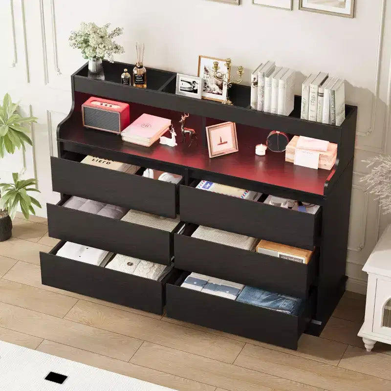 Cassettiera in Rovere per Camera da Letto con 6 Cassetti, Comò Moderno con Luci a LED e Stazione di Ricarica, Mobile Contenitore Spazioso per Soggiorno o Corridoio