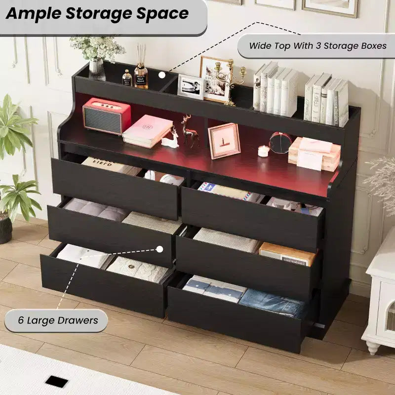 Cassettiera in Rovere per Camera da Letto con 6 Cassetti, Comò Moderno con Luci a LED e Stazione di Ricarica, Mobile Contenitore Spazioso per Soggiorno o Corridoio