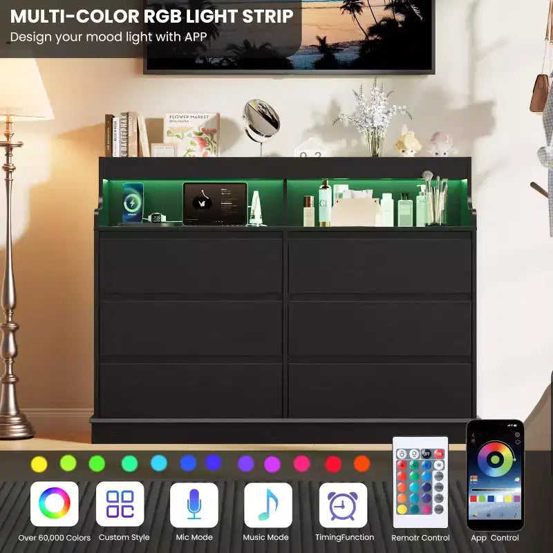 Cassettiera in Rovere per Camera da Letto con 6 Cassetti, Comò Moderno con Luci a LED e Stazione di Ricarica, Mobile Contenitore Spazioso per Soggiorno o Corridoio