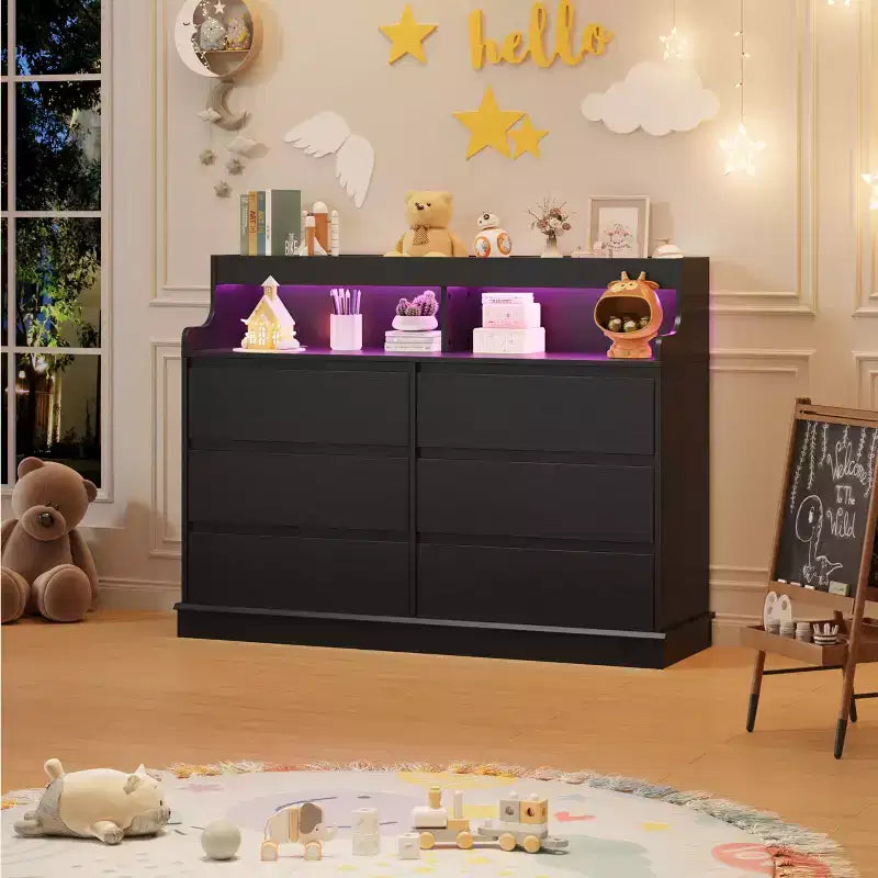 Cassettiera in Rovere per Camera da Letto con 6 Cassetti, Comò Moderno con Luci a LED e Stazione di Ricarica, Mobile Contenitore Spazioso per Soggiorno o Corridoio
