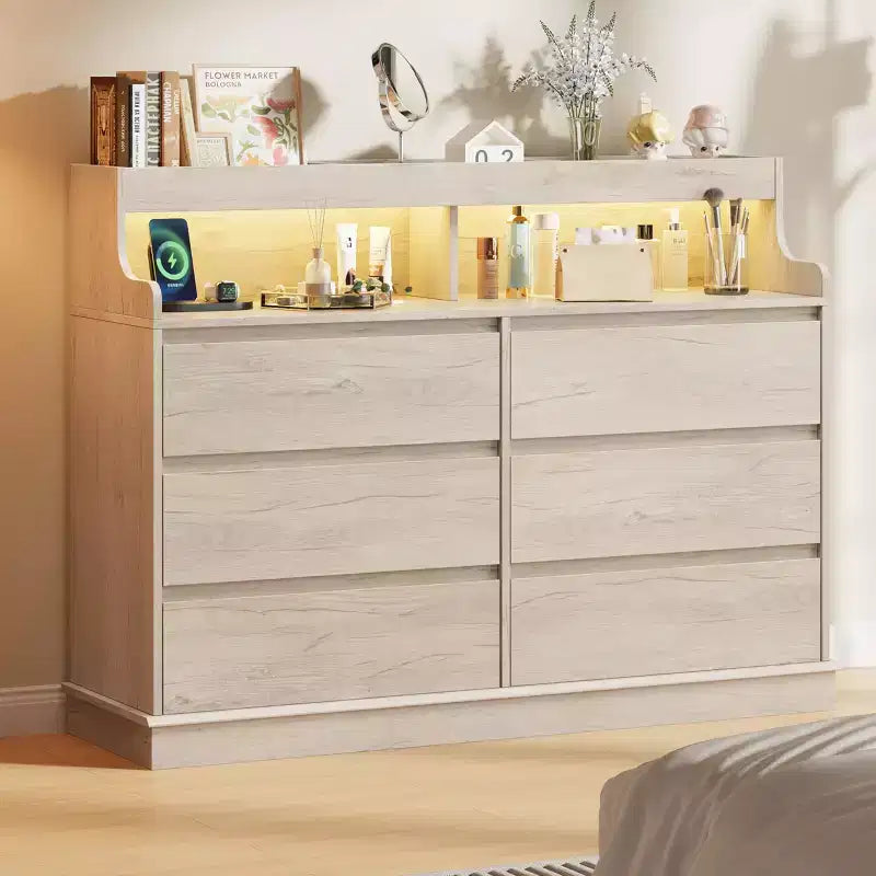 Cassettiera in Rovere per Camera da Letto con 6 Cassetti, Comò Moderno con Luci a LED e Stazione di Ricarica, Mobile Contenitore Spazioso per Soggiorno o Corridoio
