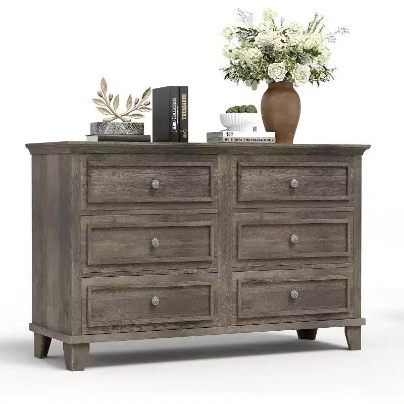 Mobile contenitore bianco stile rustico con 6 cassetti, cassettiera porta TV con maniglie vintage, in legno massello per camera da letto, soggiorno, corridoio