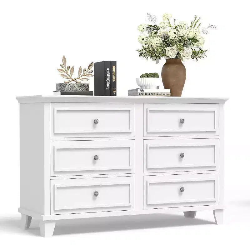 Mobile contenitore bianco stile rustico con 6 cassetti, cassettiera porta TV con maniglie vintage, in legno massello per camera da letto, soggiorno, corridoio