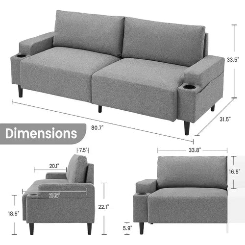 Divanetto Acekool 81 Comfort, 3 posti con portabicchieri e tasche portaoggetti, Cuscini profondi per soggiorno, camera da letto