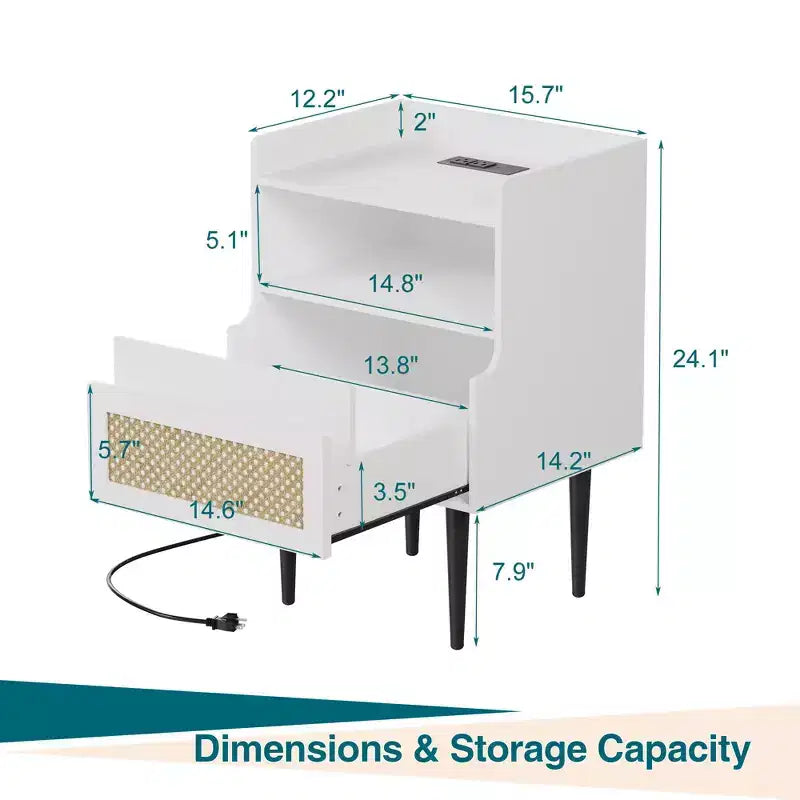 Comodini set da 2 con stazione di ricarica, cassetto e ripiano aperto, tavolino laterale d'appoggio con inserto in canna, tavolino da comodino