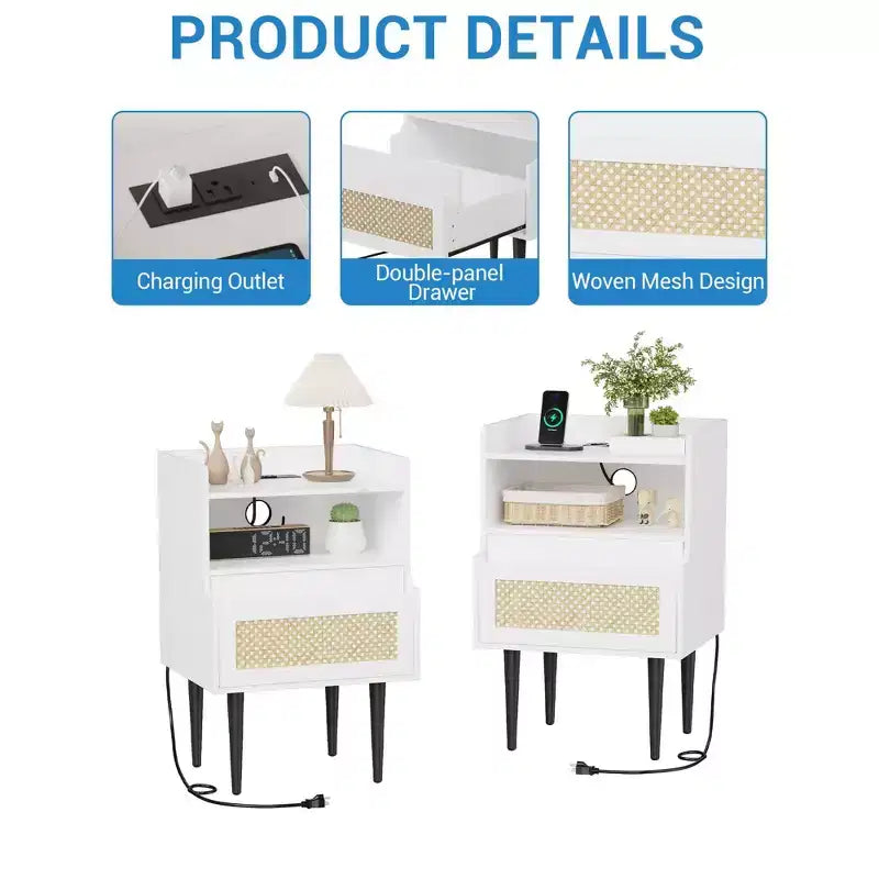 Comodini set da 2 con stazione di ricarica, cassetto e ripiano aperto, tavolino laterale d'appoggio con inserto in canna, tavolino da comodino