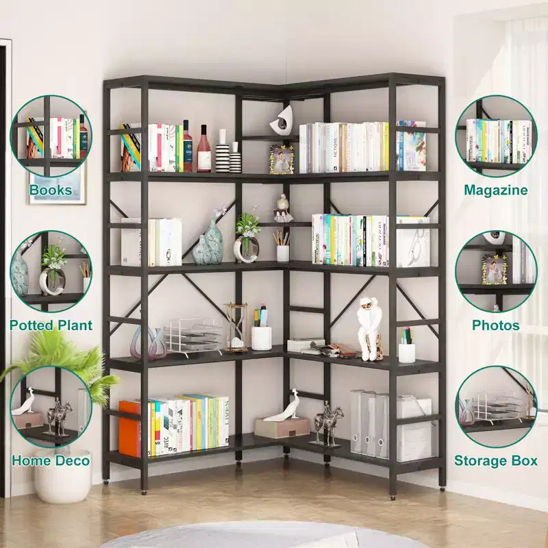 Scaffale angolare a 5 ripiani, libreria industriale, libreria alta a L, scaffale espositivo autoportante per soggiorno, ufficio domestico