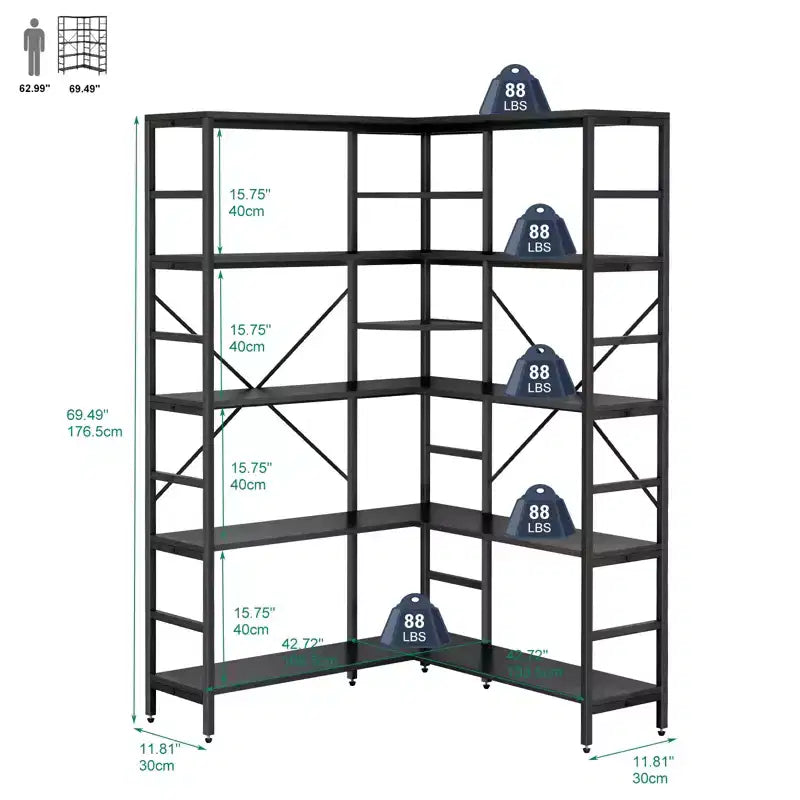 Scaffale angolare a 5 ripiani, libreria industriale, libreria alta a L, scaffale espositivo autoportante per soggiorno, ufficio domestico