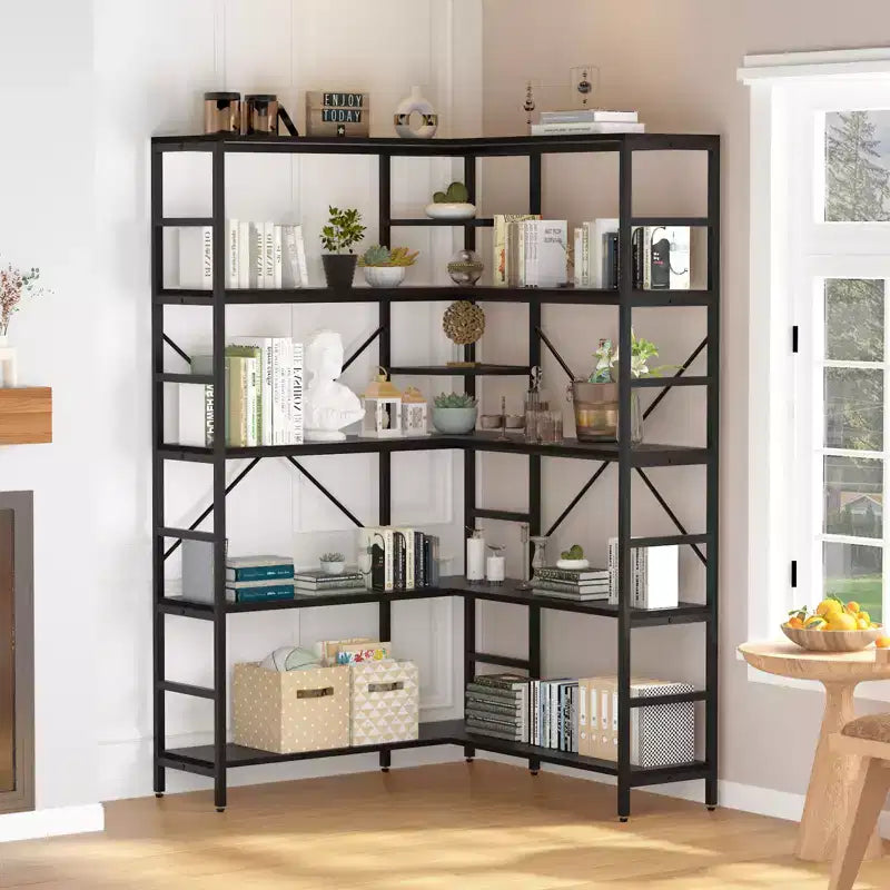 5 Tier Corner Shelf, industrial Bookshelves, l Shape Tall Bookcase,Freestanding Display Shelf for Living Room, Home Office