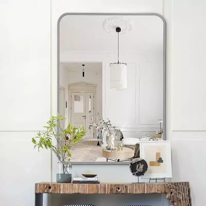 Specchio da Bagno Rettangolare Okak con Cornice in Alluminio, Specchio da Trucco con Angoli Arrotondati, Specchio da Parete per Soggiorno, Bagno