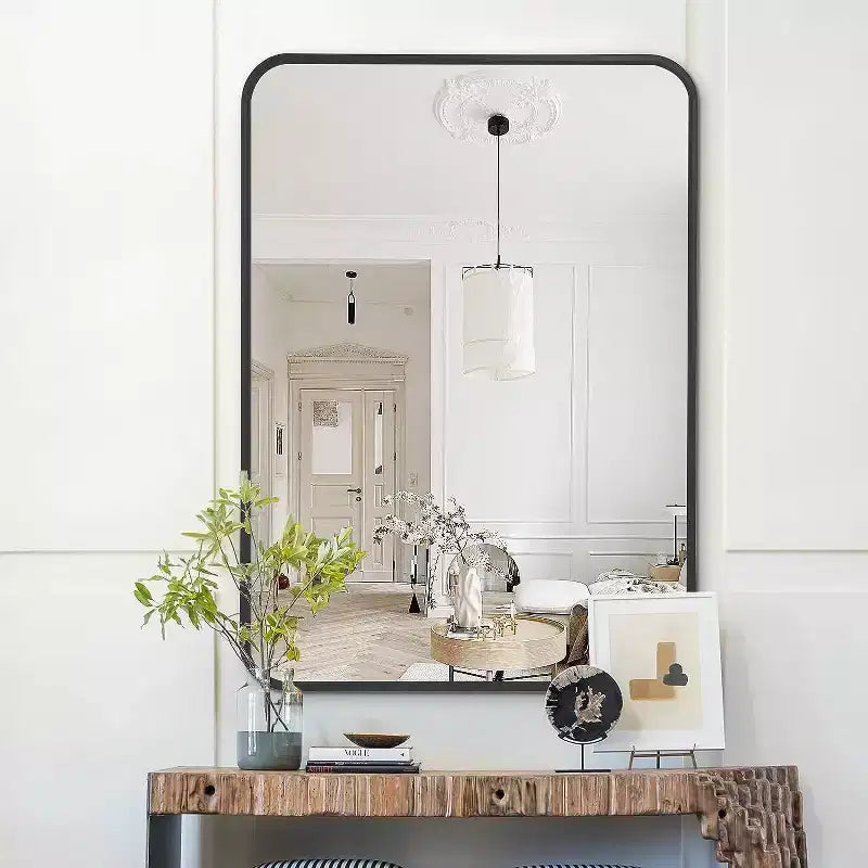 Specchio da Bagno Rettangolare Okak con Cornice in Alluminio, Specchio da Trucco con Angoli Arrotondati, Specchio da Parete per Soggiorno, Bagno