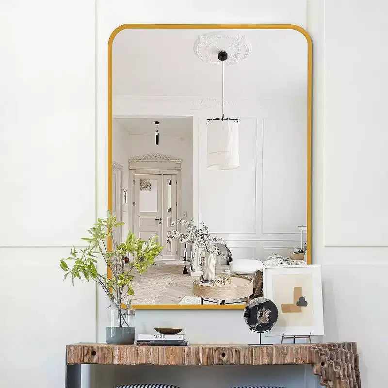Specchio da Bagno Rettangolare Okak con Cornice in Alluminio, Specchio da Trucco con Angoli Arrotondati, Specchio da Parete per Soggiorno, Bagno