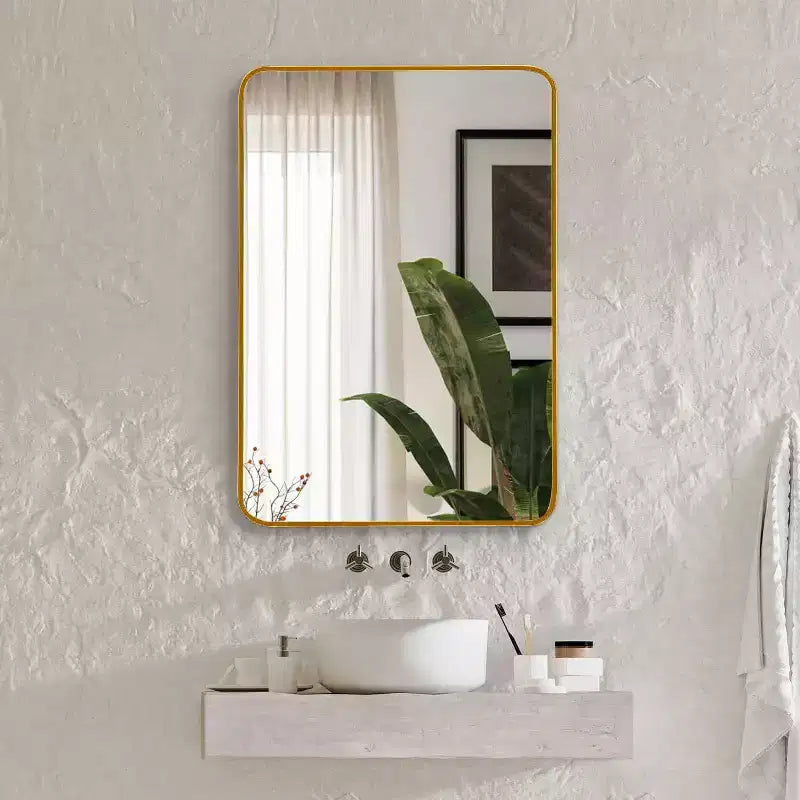 Specchio da Bagno Rettangolare Okak con Cornice in Alluminio, Specchio da Trucco con Angoli Arrotondati, Specchio da Parete per Soggiorno, Bagno