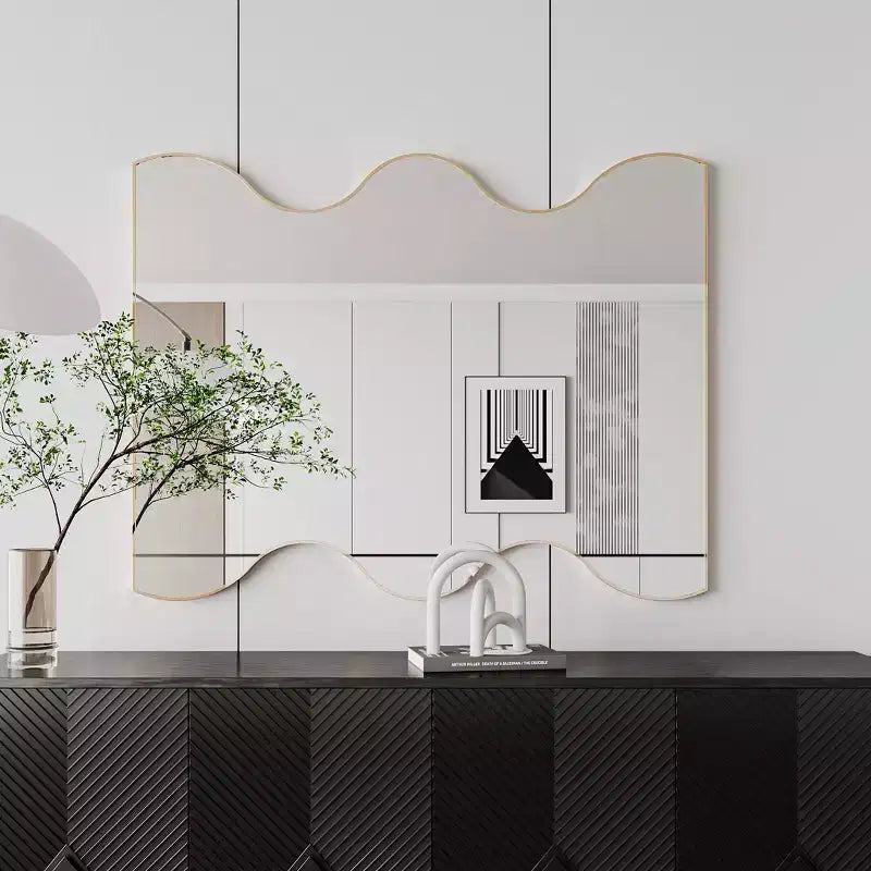 Okak 30X35IN Specchio da bagno a forma di onda moderna, specchio da parete con cornice in metallo, specchio da trucco per bagno, soggiorno, camera da letto