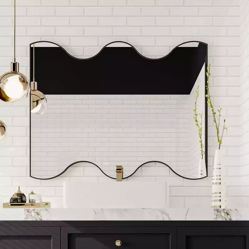 Okak 30X35IN Specchio da bagno a forma di onda moderna, specchio da parete con cornice in metallo, specchio da trucco per bagno, soggiorno, camera da letto