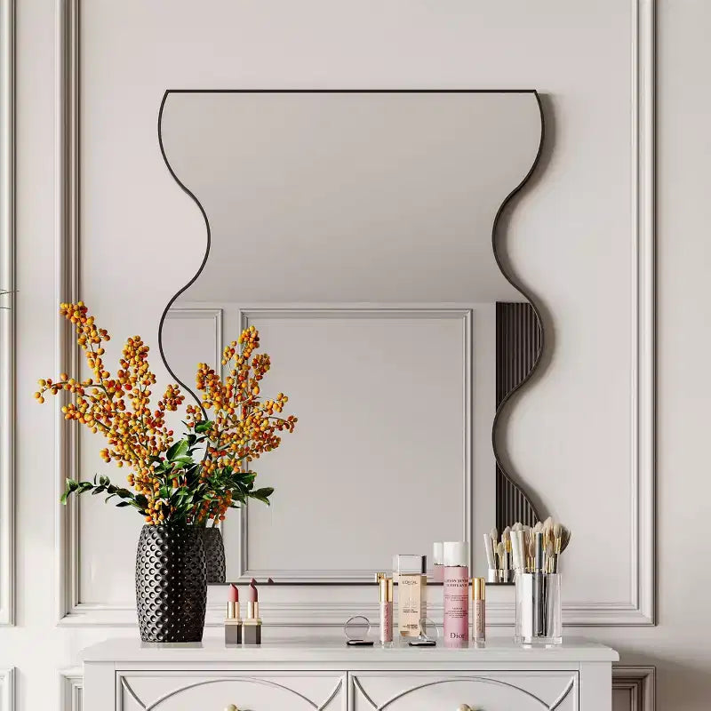Okak 30X35IN Specchio da bagno a forma di onda moderna, specchio da parete con cornice in metallo, specchio da trucco per bagno, soggiorno, camera da letto