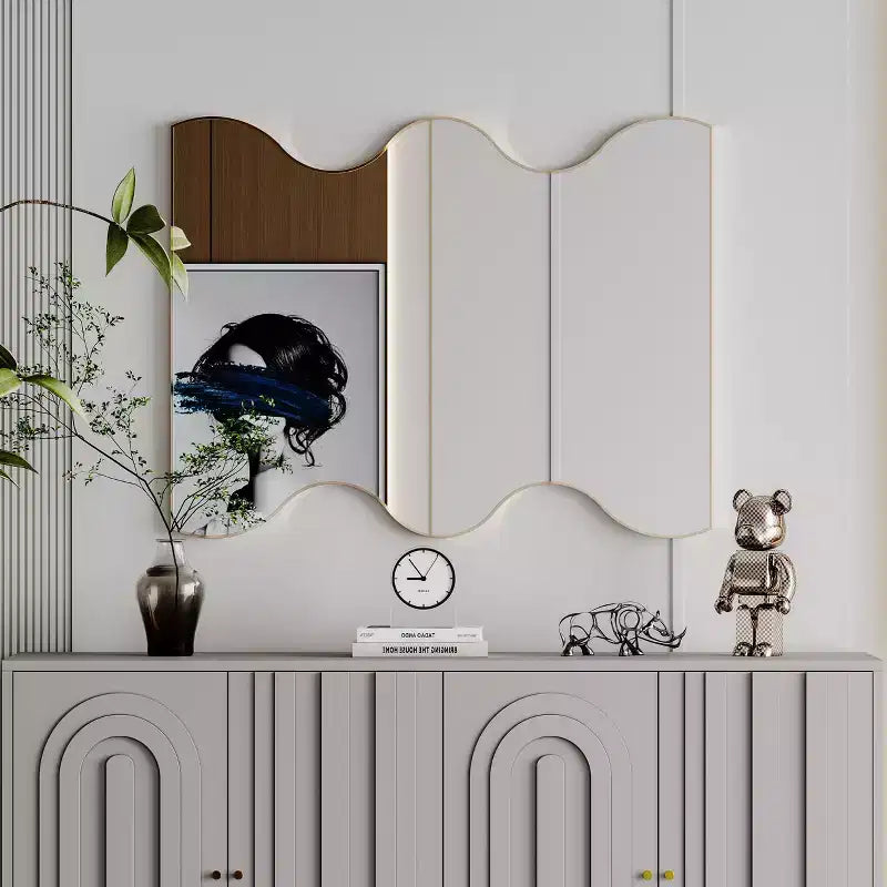 Okak 30X35IN Specchio da bagno a forma di onda moderna, specchio da parete con cornice in metallo, specchio da trucco per bagno, soggiorno, camera da letto