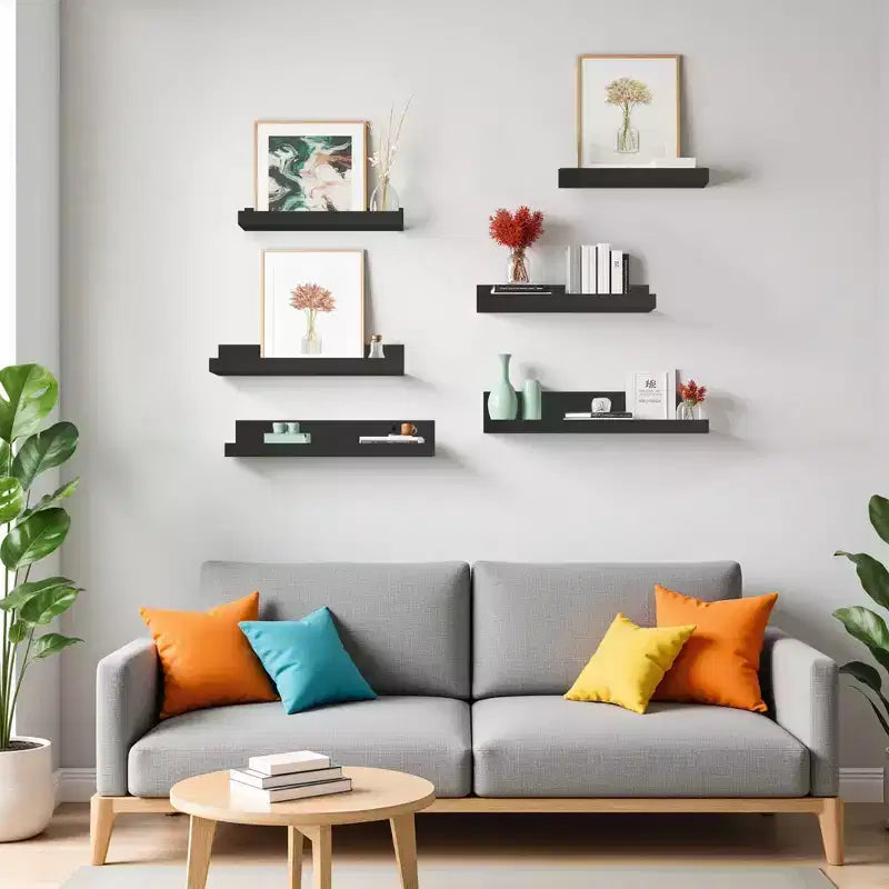 FurnitureR Mensole Flottanti da Parete Set da 6, Scaffali in Legno per Esposizione e Contenimento per Bagno, Camera da Letto, Soggiorno, Cucina, Ufficio, Nero