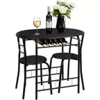 VINGLI Set da pranzo 3 pezzi per 2 persone, tavolo da cucina in legno e 2 sedie per piccoli spazi, struttura in metallo, portabottiglie, nero