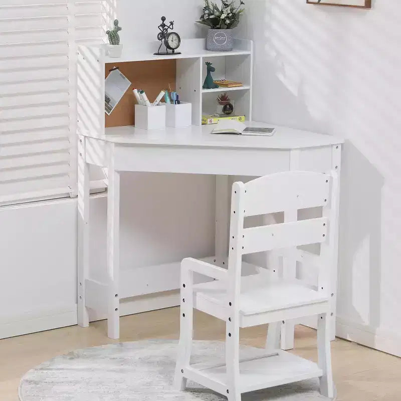 GustoWave Kids Desk and Chair Set, Wooden Corner Study Table with Bookshelf, Bulletin Board, and Pen Holder, Writing Table, White