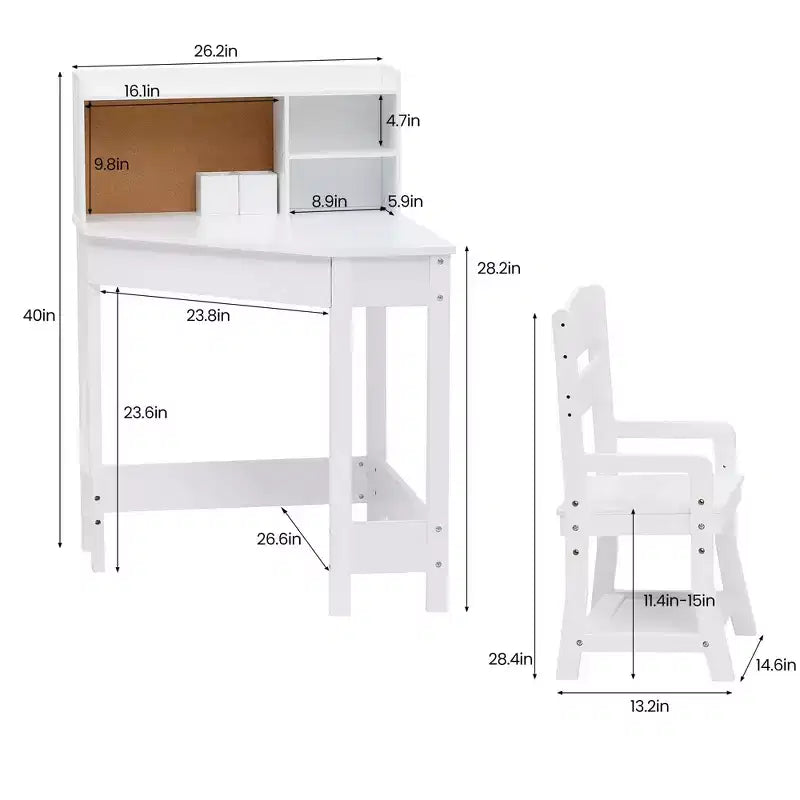 Set Scrivania e Sedia GustoWave per Bambini, Tavolo Studio Angolare in Legno con Libreria, Bacheca e Portapenne, Tavolo da Scrittura, Bianco