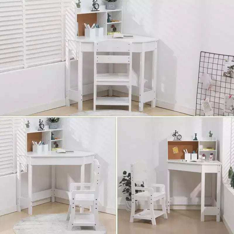 Set Scrivania e Sedia GustoWave per Bambini, Tavolo Studio Angolare in Legno con Libreria, Bacheca e Portapenne, Tavolo da Scrittura, Bianco