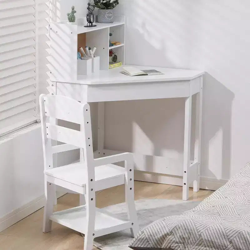Set Scrivania e Sedia GustoWave per Bambini, Tavolo Studio Angolare in Legno con Libreria, Bacheca e Portapenne, Tavolo da Scrittura, Bianco